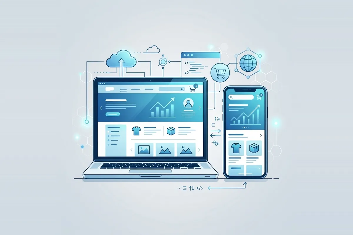 Laptop e celular exibindo layout moderno de site comercial com gráficos e produtos